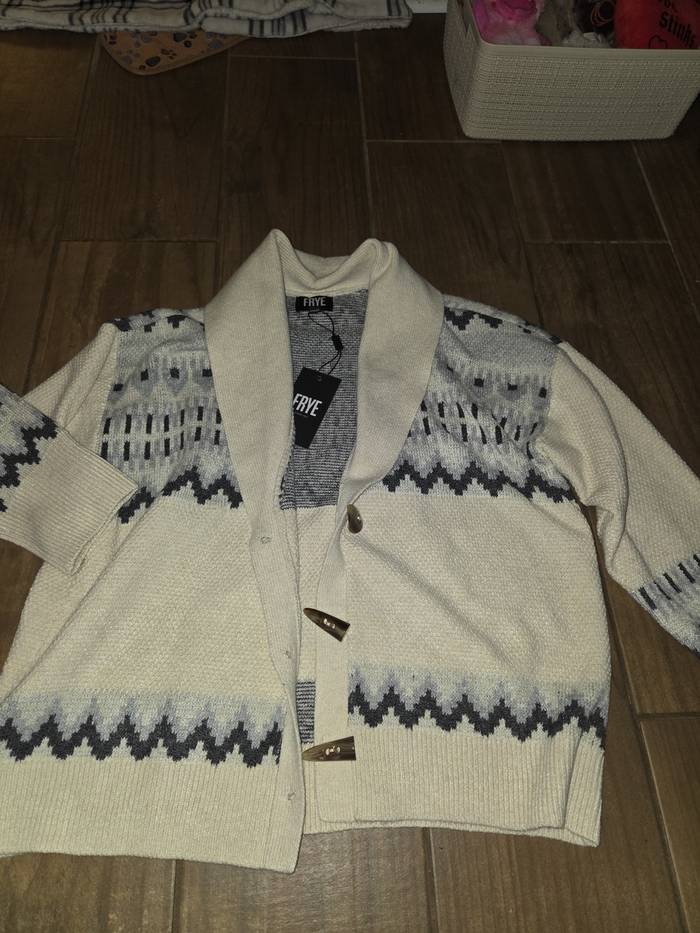 Frye Cream Shawl Collar Cardigan with Navy Geometric Pattern